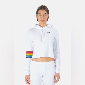Aviator Nation Rainbow Sleeve Crop White Hoodie